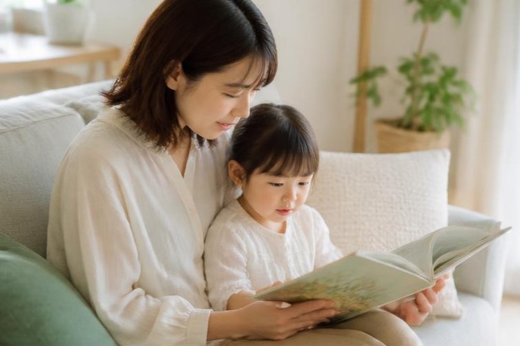 ソファで一緒に絵本を読む親子