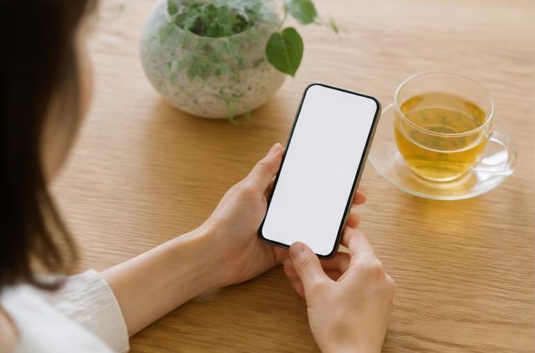 お茶を飲みながら、スマホでメッセージを送る手もと