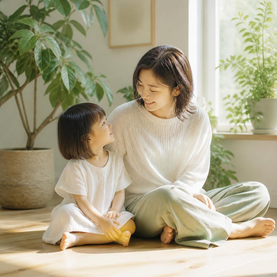 窓辺で、向かい合って笑う親子
